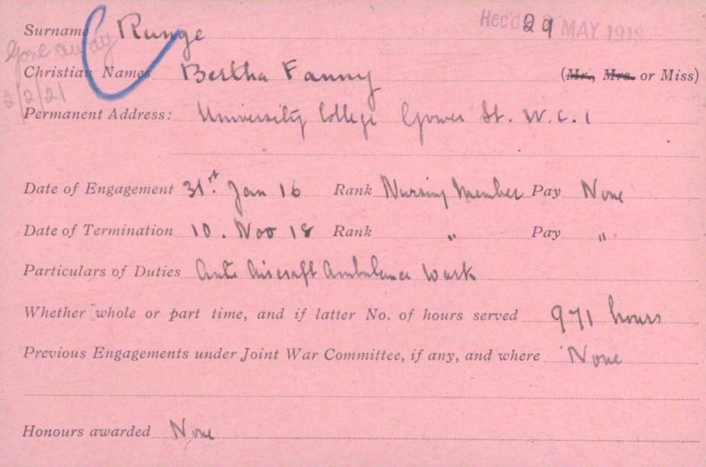 VAD card for Miss Bertha Runge