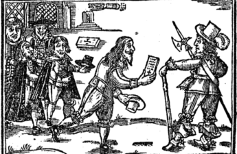 LIne cut drawing of a man presenting a petition, 1648