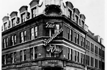 A black and white photograph of the Salvation Army's Trade HQ on Judd Street.
